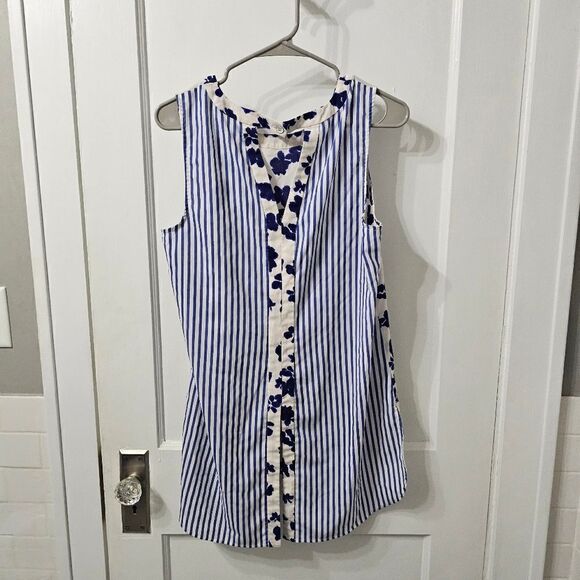 Cabi Hi Low Top Tunic M Striped Floral Blouse Blue White Tank Slit Back #5357 - Picture 2 of 7